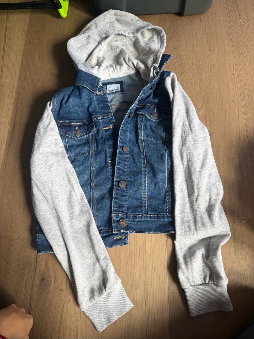 Blue Denim Jacket with Grey Hoodie Sleeves